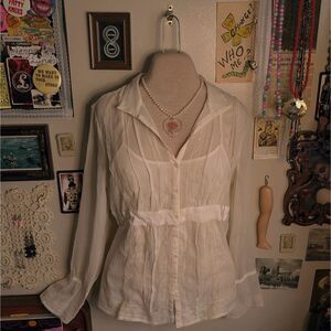 Lace Button Down Shirt Blouse Women's Maternity Medium Cream Sheer Collared